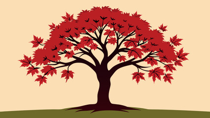 Vector art of a vibrant red maple tree with lush foliage stands against a light beige background