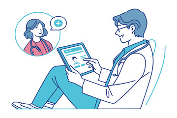 Doctor using tablet for telehealth consultation with patient showing medical information and positive feedback symbol