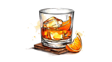 Illustration of a glass with ice cubes and orange garnish on transparent background.