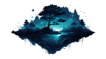Illustrated floating island with a tree, stream and starry night sky.
