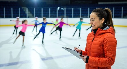 Figure skating coach with clipboard instructing synchronized team on ice rink. Professional instructor teaching group of skaters in colorful outfits. Winter sports education concept