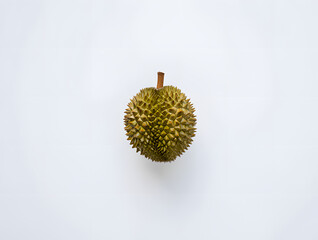 Single whole durian fruit, known for its strong odor, isolated on a clean white background, showcasing its spiky green husk and textured surface, in a simple studio shot.