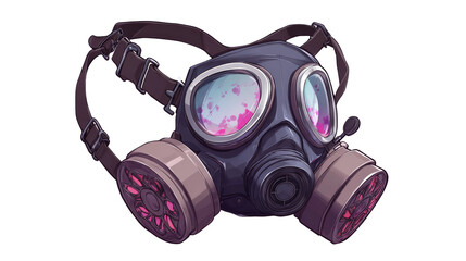 Illustration of a dark gas mask with visible pink splatter inside its lenses, isolated on a transparent backdrop.
