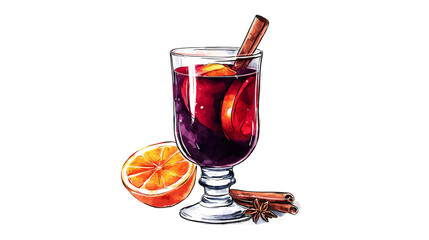 Hot mulled wine drink served in a footed glass with cinnamon sticks and orange slice.