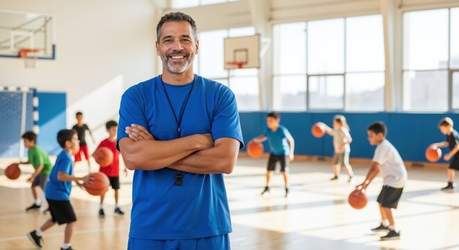 Smiling coach with crossed arms standing confidently in school gymnasium with children playing basketball. Athletic instructor leading youth sports program. Education fitness concept