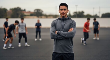 Athletic coach with crossed arms standing confidently in sports facility with team training. Fitness instructor leading group exercise session with diverse athletes. Health wellness concept