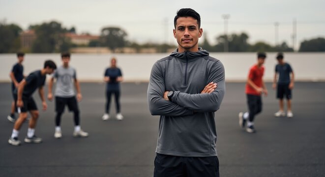 Athletic coach with crossed arms standing confidently in sports facility with team training. Fitness instructor leading group exercise session with diverse athletes. Health wellness concept