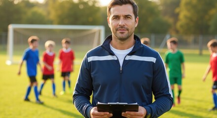 Confident male soccer coach observes practice on sunny turf beside net while young players perform drills