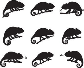 Collection of nine chameleon silhouettes perched on branches