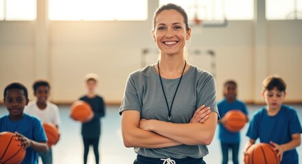 Smiling woman basketball coach stands arms crossed inside bright gymnasium as children clutch orange balls
