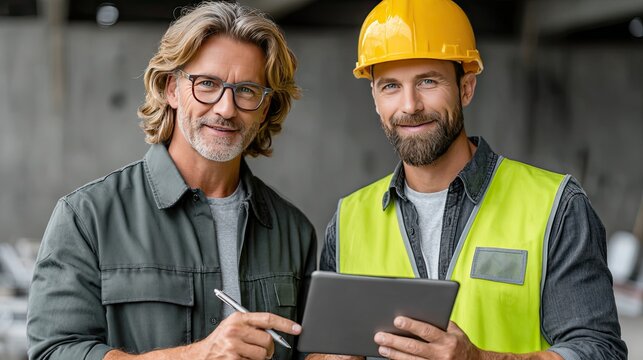 Construction worker and engineer: Two construction workers, one in a yellow hard hat and high-visibility vest and another with glasses and a olive jacket.