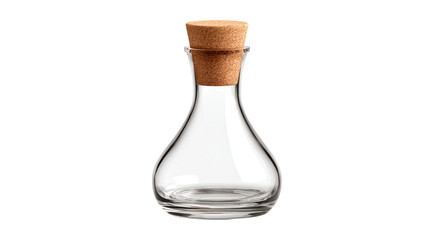 Empty clear glass bottle with a cork top isolated on a transparent background.
