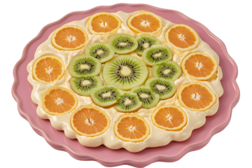 Delicious fruit tart with kiwi and orange slices on a pink plate background