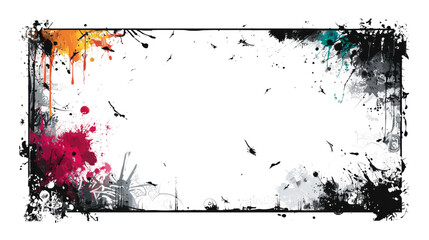 Colorful decorative frame with splattered paint and dark elements, object isolated on transparent background.
