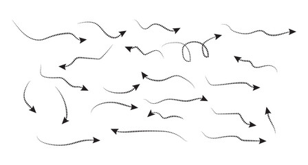Curved dotted arrow. Collection of curved hand drawn arrows. Zigzag arrow stripes design with dotted lines.