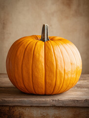 Orange pumpkin on a wooden table with a rustic background.