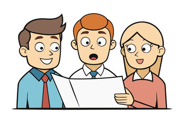 Fototapeta premium Three diverse cartoon colleagues collaborate enthusiastically while reviewing a document together in a professional setting