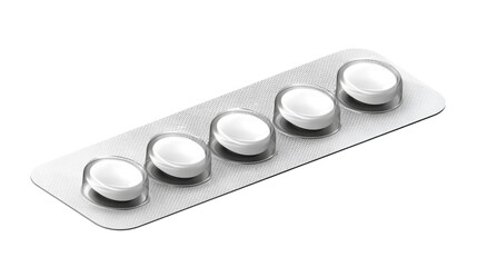 Blister pack containing five white round pills, isolated on a transparent background.