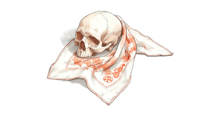 Anatomical human skull resting on a bloody cloth drawing isolated on background.
