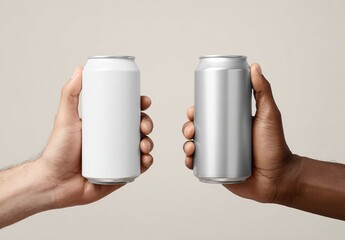 Two blank beverage cans held by hands against a neutral background ideal for branding mockups : Generative AI. High quality