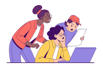 Diverse team members collaborating and expressing surprise while reviewing information on a laptop and paper document