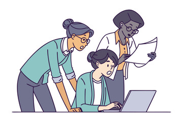 Diverse team of women collaborating intently around a laptop reviewing documents and discussing project details with focused expressions