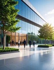 Obraz premium modern office building with glass facade, trees in front