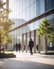 modern office building with glass facade, trees in front
