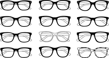 glasses set, different frames, black frames, white background, detailed line art, clean design