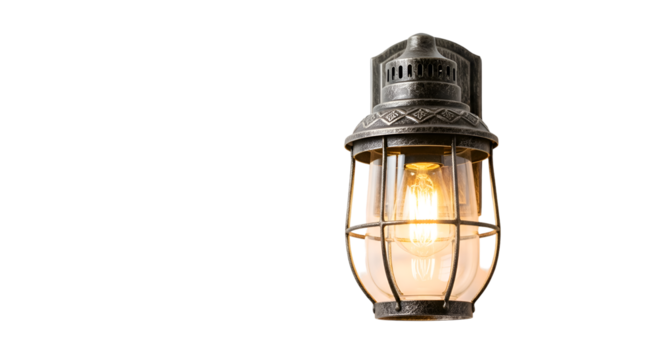 Vintage Wall Lamp Illuminates with Warm Light on Transparent Background, Industrial Style
