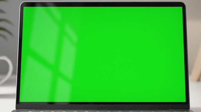 High-quality 4K 3D animation of a sleek modern laptop (notebook) placed on a minimalist desk. The camera slowly zooms in toward the laptop screen from a front angle. As it approaches the laptop