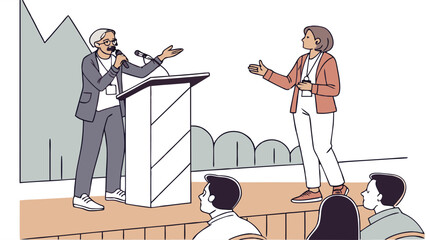 Engaging Business Conference Presentation: Speaker and Moderator on Stage, Illustrated in Minimalist Style