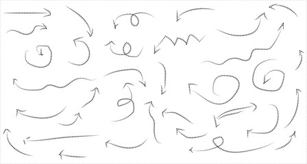 Curved dotted arrow. Collection of curved hand drawn arrows. Zigzag arrow stripes design with dotted lines.