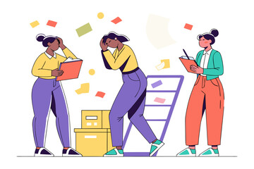 Three women experiencing stress and overwhelm with scattered papers and boxes symbolizing workload and deadlines