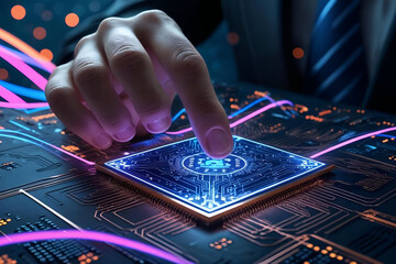 Close up of a finger activating a glowing blue computer processor on a circuit board