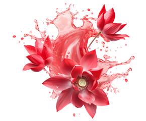 Elegant composition of red lotus flowers with water splash on a black background
