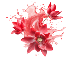 Elegant composition of red lotus flowers with water splash on a black background