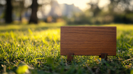 Wooden sign on grass in a sunlit park setting.