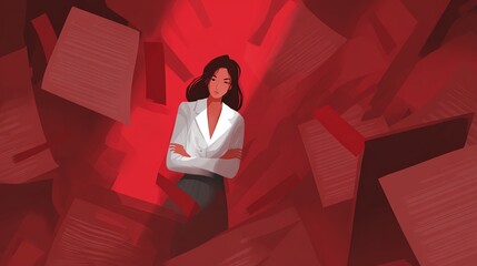 A stressed woman in white stands with crossed arms surrounded by a chaotic sea of red documents and papers.