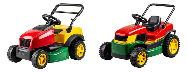 Angled view of colorful Little Tikes plastic toy lawn mower with red and yellow details, isolated on transparent background PNG
