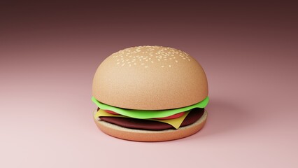 かわいい3Dハンバーガーのイラスト、ピンク背景