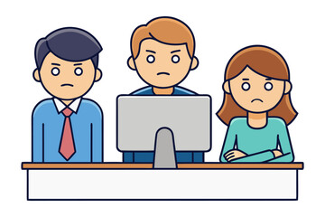 Three unhappy cartoon office workers sitting at a desk with a computer expressing boredom and dissatisfaction with their work