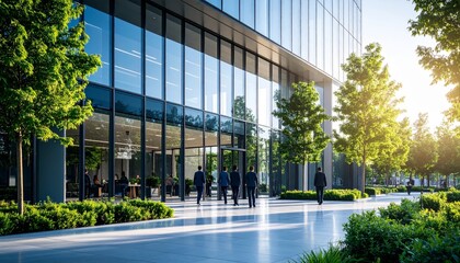 Obraz premium modern office building with glass facade, trees in front