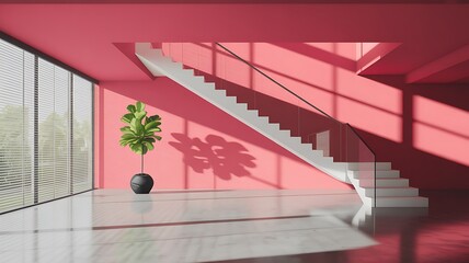 Obraz premium Modern interior with pink walls and white staircase image