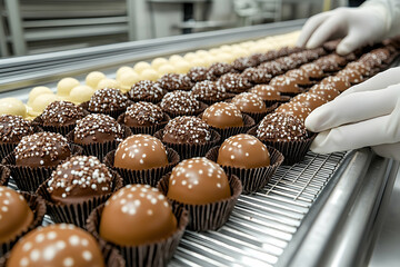 Chocolate truffle production line with gloved hands arranging as