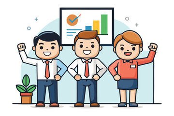 Three diverse cartoon business professionals celebrating success with a positive graph and checkmark on a presentation board