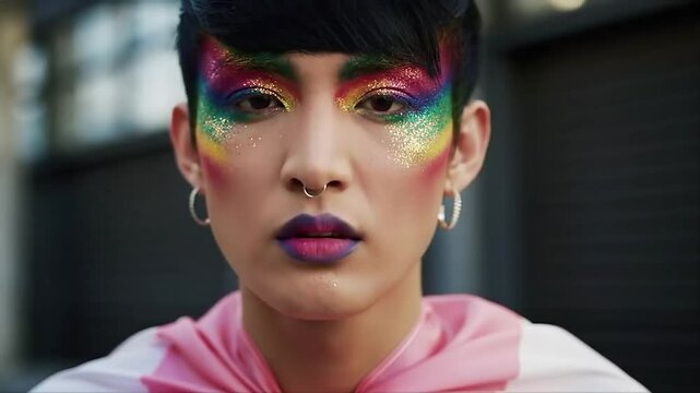 Androgynous fashion model with rainbow makeup and glitter, posing confidently with the trans flag as a cape