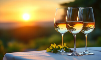 Three Wine Glasses Reflecting Sunset on Table with Yellow Flower
