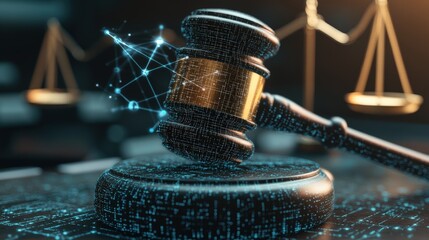 Advanced digital gavel and scales of justice symbolizing law, justice, legal decisions, and digital legal technology concepts
