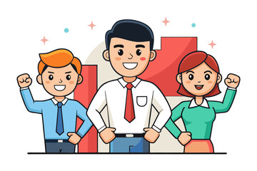 Three diverse business professionals celebrating success together in front of a growing bar chart with sparkles